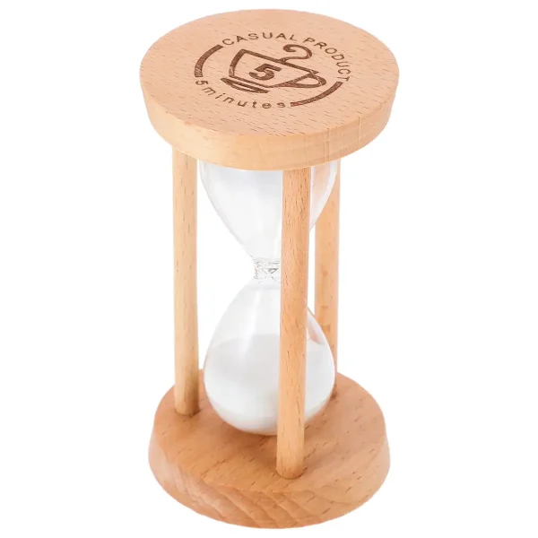 Timglas i trä med ram i naturligt trä och klart glas, perfekt för vetenskaplig dekoration eller som lärande tillbehör.
