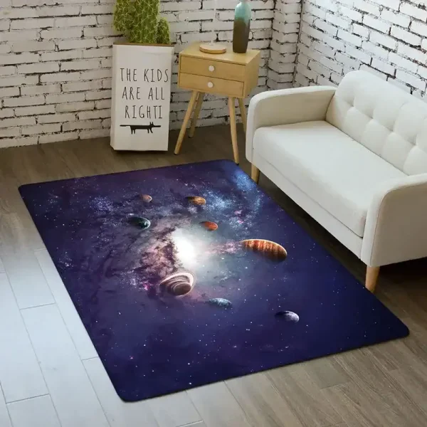 Golvmatta med galax- och planetmönster för barnrum.