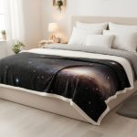 Sängöverkast med galaktiskt mönster som föreställer stjärnor och galaxer, idealiskt för en inredning inspirerad av universum och astronomi.
