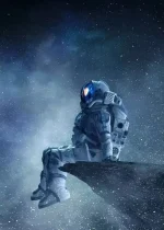 Astronaut som sitter på en klippa i den stjärnklara rymden.