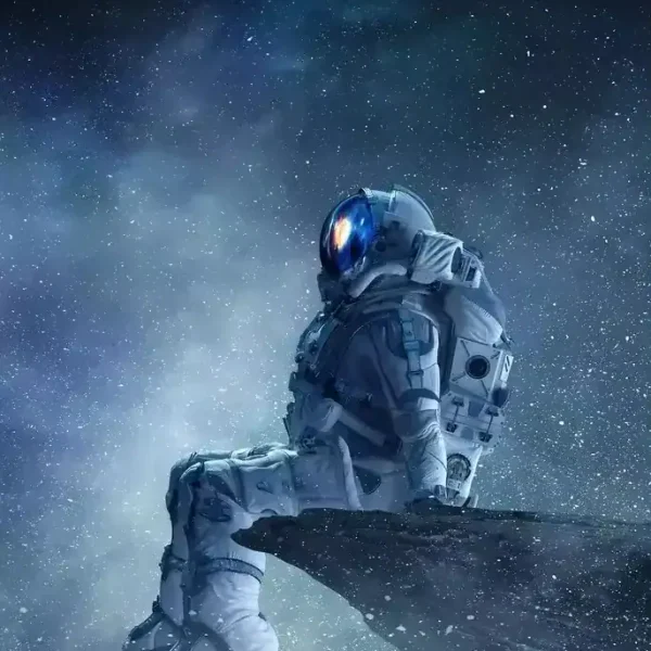 Astronaut som sitter på en klippa i den stjärnklara rymden.