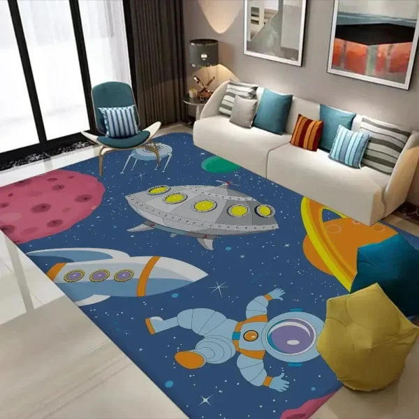 Golvmatta med rymdmönster, raketer och astronauter för lekfull och lärorik inredning.