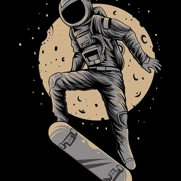 Illustration av en astronaut i rymddräkt som gör en trick på en skateboard framför månen, modern och dynamisk grafisk stil.