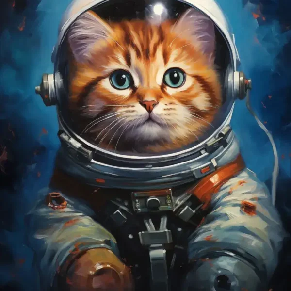 Söt katt med astronauthjälm, som illustrerar ett vetenskapligt och rymdtema, perfekt för dekoration eller en butik med vetenskapliga föremål.