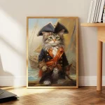 En antropomorf katt utklädd till pirat, bärande en historisk kostym med en tri-hatt och ett svärd, i en klassisk målningsstil.