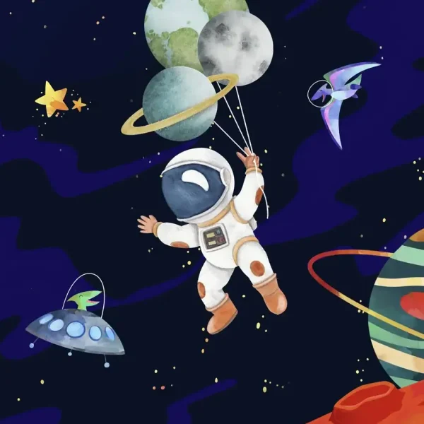 Illustration av en astronaut som svävar i rymden omgiven av färgglada planeter, stjärnor och rymdskepp, som väcker tankar om universum och vetenskap för barn.