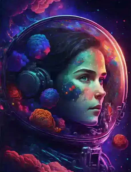 Konstnärlig illustration av en kvinnlig astronaut med hjälm, omgiven av färgglada moln och kosmiska element, som framhäver vetenskap och rymdutforskning.