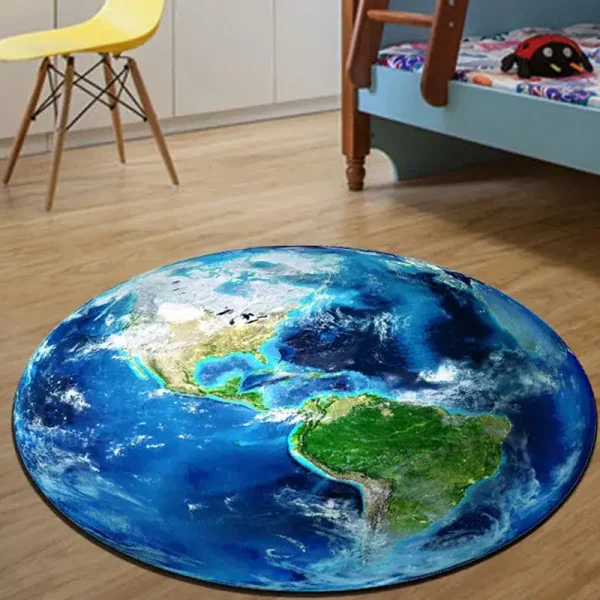 Rund matta som föreställer jorden med geografiska detaljer, perfekt för utbildande inredning eller för barn.