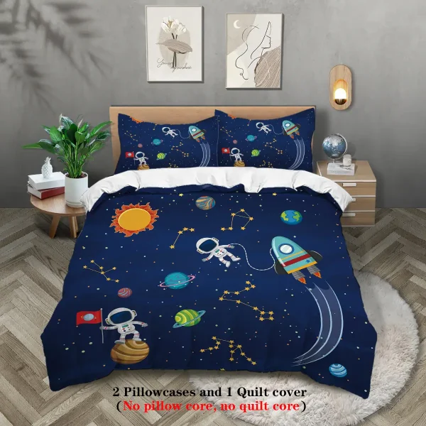 Sängfilt med rymdmönster, astronauter, planeter och raketer.