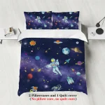 Duvet och örngott med rymdtema med astronauter, planeter och stjärnor för barnrum.