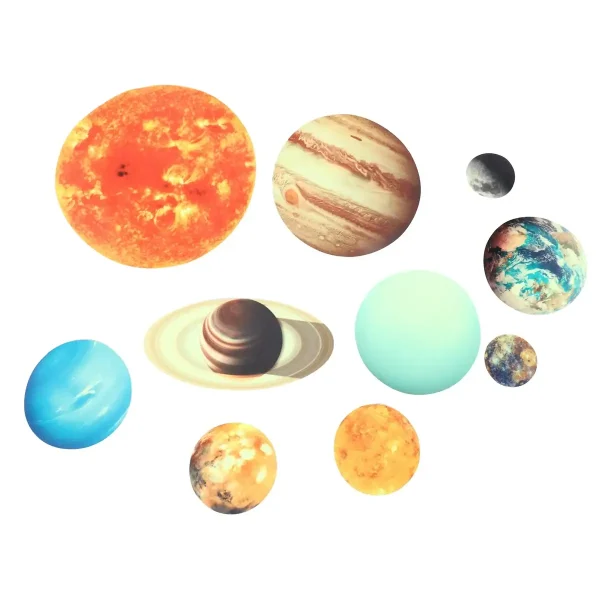 Planeter i solsystemet, konstnärlig illustration som representerar solen, Jupiter, Saturnus, Mars, Jorden, Uranus, Neptunus och andra himlakroppar.