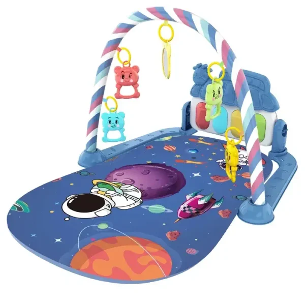 Babyleksaksmatta med rymdtema, inklusive färgglada hängande leksaker och en pedagogisk design för att stimulera nyfikenhet och sensorisk utveckling hos barnet.