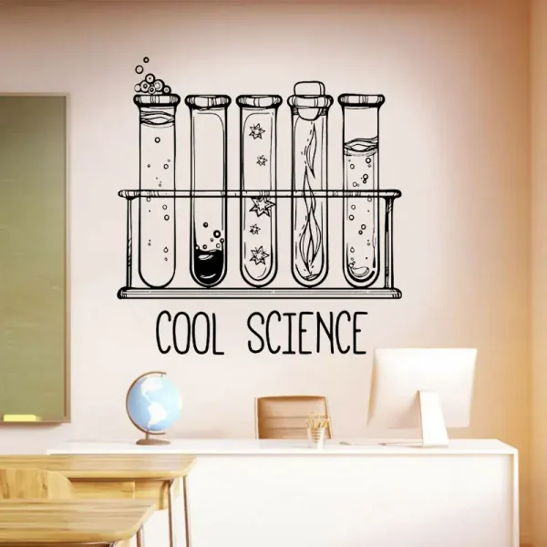 Illustration av laboratorieflaskor med bubblor och stjärnor, som representerar vetenskap och experimentering, i en svartvit grafisk stil.