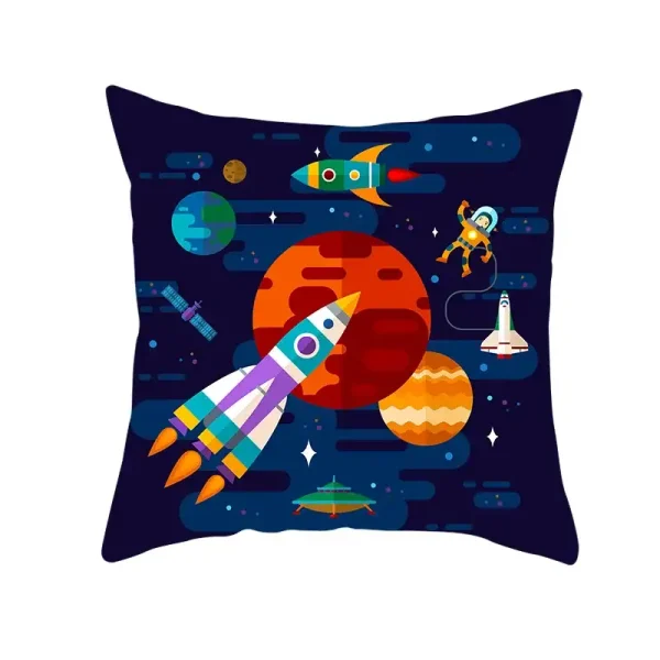 Dekorativ panel med rymdmotiv, raket, astronauter och planeter.