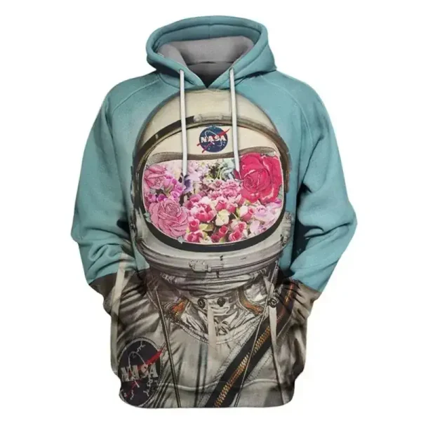 NASA-huvtröja med blommönster, som blandar rymduniversum och natur, idealisk för vetenskaps- och originalinredningsentusiaster.