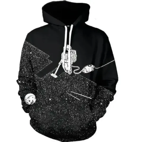 Svart hoodie med rymdmotiv, vita stjärnor och planeter, inspirerad av universum, idealisk för vetenskaps- och astronomientusiaster.
