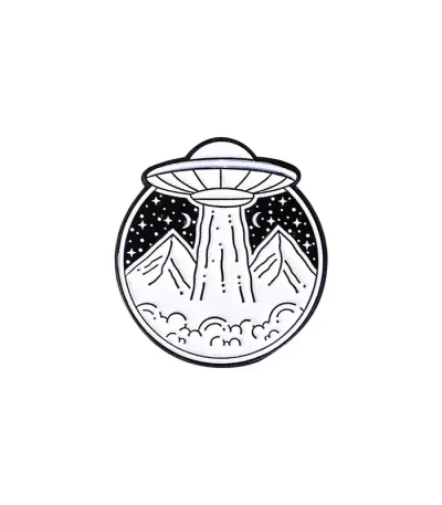 Framtida rymdskepp mot bakgrund av berg och stjärnig himmel, minimalistisk illustration i svart och vitt, som väcker tankar om science fiction och rymdutforskning.