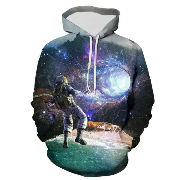 Huvtröja med rymd- och astronautmotiv, kosmisk och futuristisk design, perfekt för vetenskaps- och astronomientusiaster.