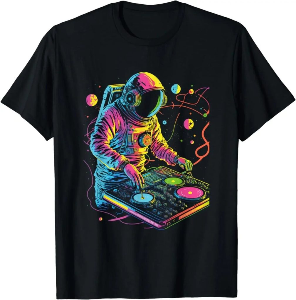 Rymd-DJ i astronautkostym som mixar musik och vetenskap.