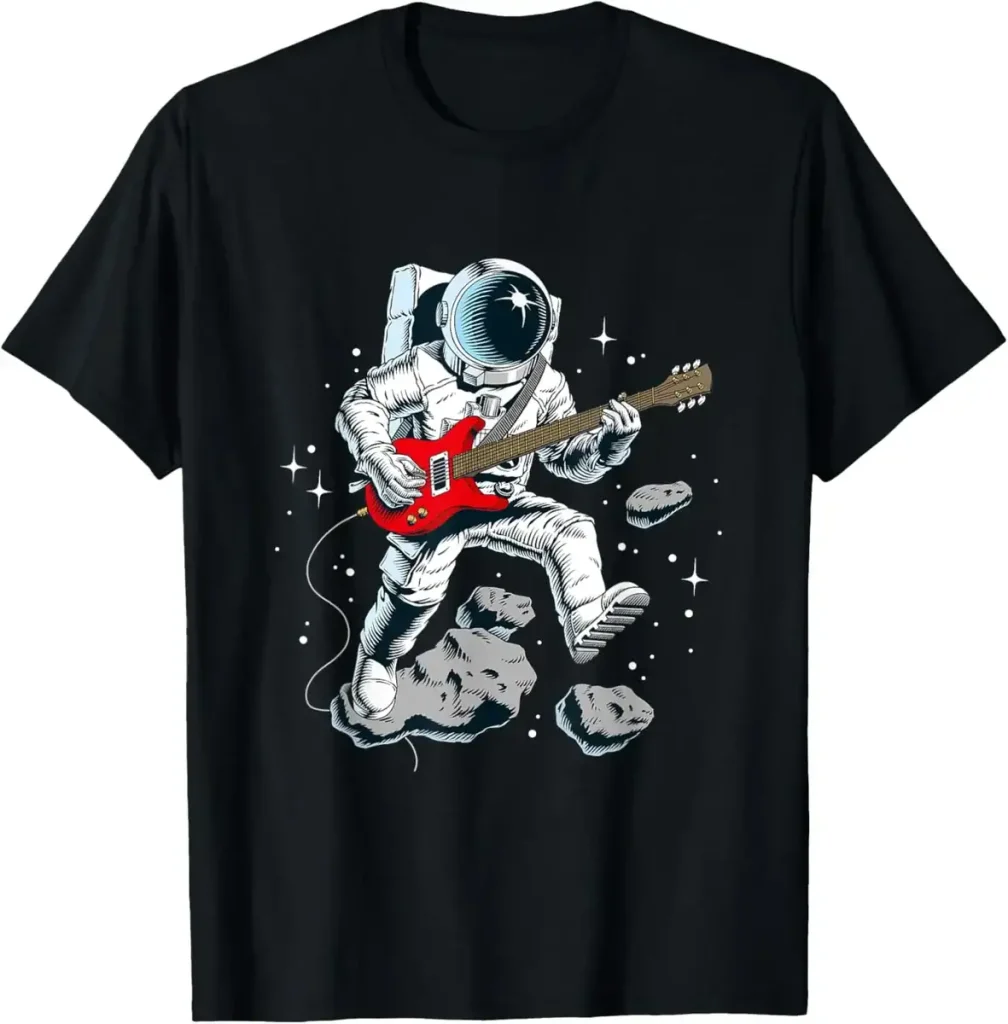 Astronaut som spelar elgitarr i rymden, svävande bland asteroider och stjärnor, som illustrerar fusionen av vetenskap och musik.