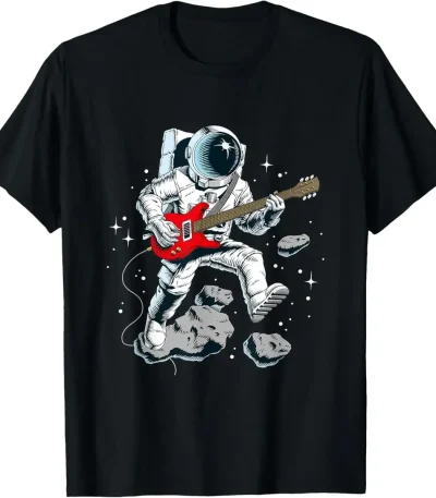 Astronaut som spelar elgitarr i rymden, svävande bland asteroider och stjärnor, som illustrerar fusionen av vetenskap och musik.