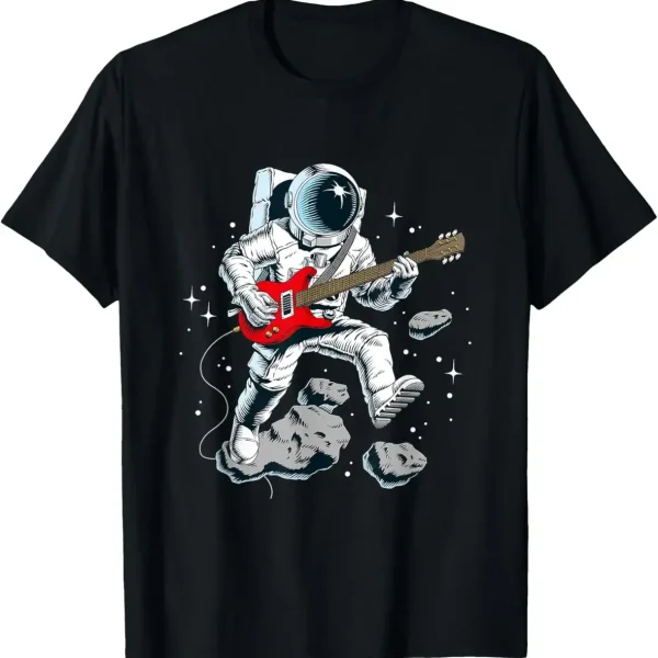 Astronaut som spelar elgitarr i rymden, svävande bland asteroider och stjärnor, som illustrerar fusionen av vetenskap och musik.