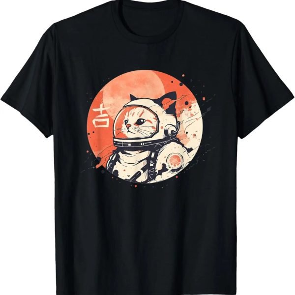Katt astronaut med rymdhjälm med NASA-logotyp, i en konstnärlig stil med en orange månbakgrund.