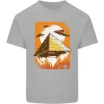 Svävande futuristisk pyramid omgiven av UFO:n i en ljus orange himmel, som illustrerar ett tema av science fiction och utomjordisk utforskning.