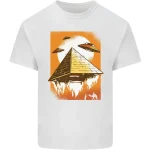 Illustration av en svävande futuristisk pyramid omgiven av UFO:n i en orange himmel med eld under, science fiction-stil.