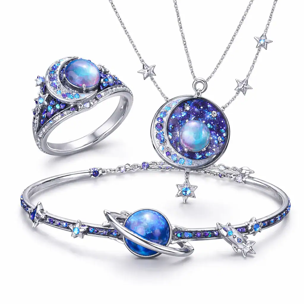 Halsband, armband, ring i silver med blå astronomiska stenar och glittrande stjärnor.