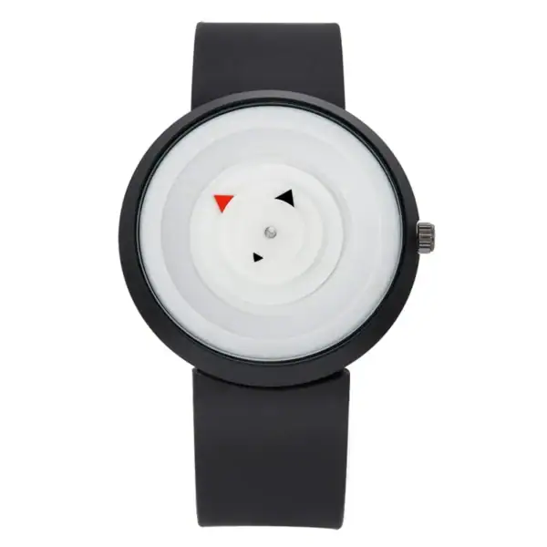 Modern vetenskaplig klocka med minimalistisk urtavla, unik visning med punkter och pilar, svart armband, ren design för vetenskaps- och innovativ dekoration.
