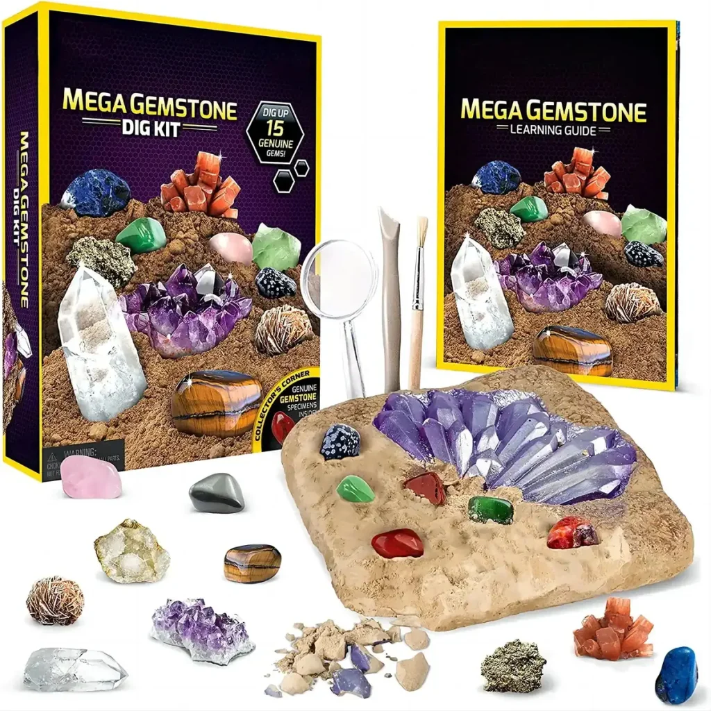Kristallgeode-kit med färgade stenar, verktyg för att utforska och lära sig om mineralvetenskap.