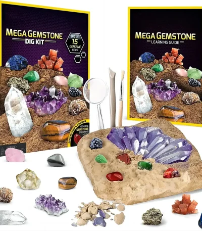 Kristallgeode-kit med färgade stenar, verktyg för att utforska och lära sig om mineralvetenskap.