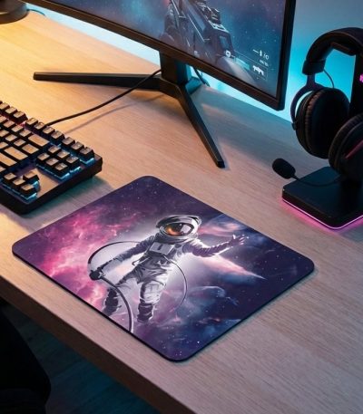 Skrivbordsmatta med design av astronaut i rymden, idealisk för vetenskaplig och modern dekoration.