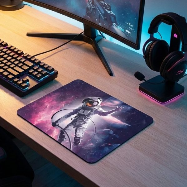 Skrivbordsmatta med design av astronaut i rymden, idealisk för vetenskaplig och modern dekoration.