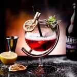 Vetenskapligt cocktailglas med citron, mynta och sugrör, på en mörk bakgrund med baraccessoarer.