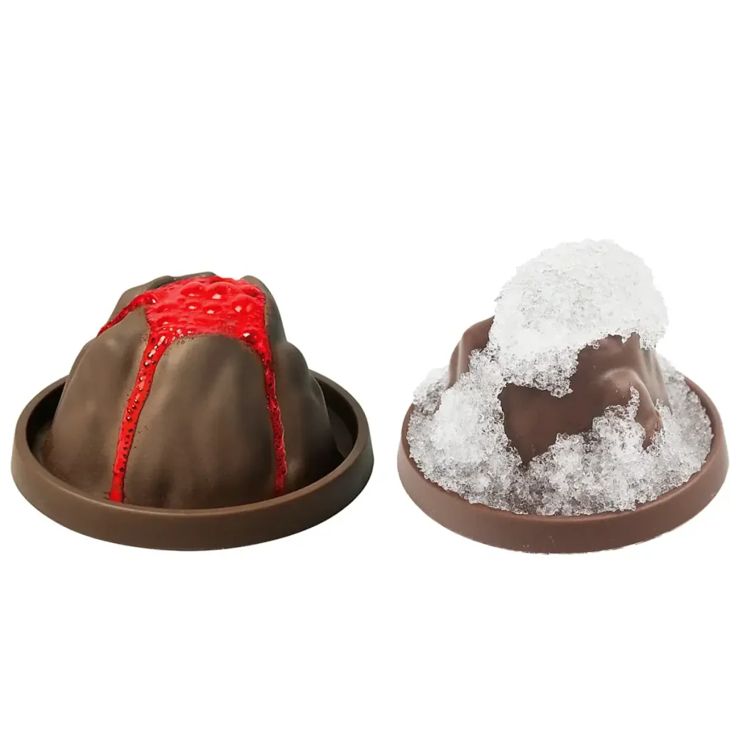 Två dekorerade chokladformar, en med florsocker och den andra med röd sås, perfekta för en läcker och vetenskaplig presentation.