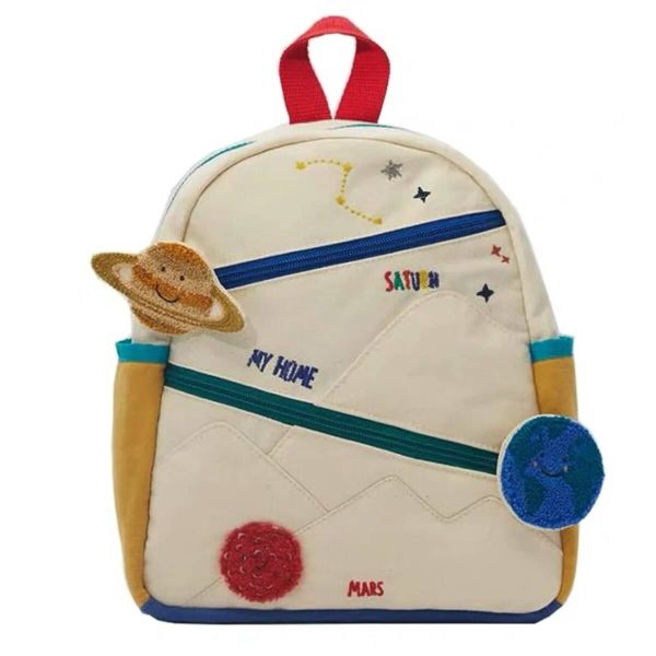 Barnryggsäck med rymdtema, dekorationer av planeter och stjärnor, perfekt för skolan eller lekfulla aktiviteter.