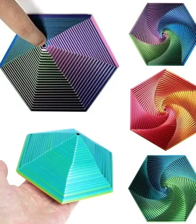 Färgglad spiralformad hexagon i 3D-plast, dekorativt vetenskapligt objekt, med geometriska mönster i klara färger, idealisk för dekoration eller studier av former.
