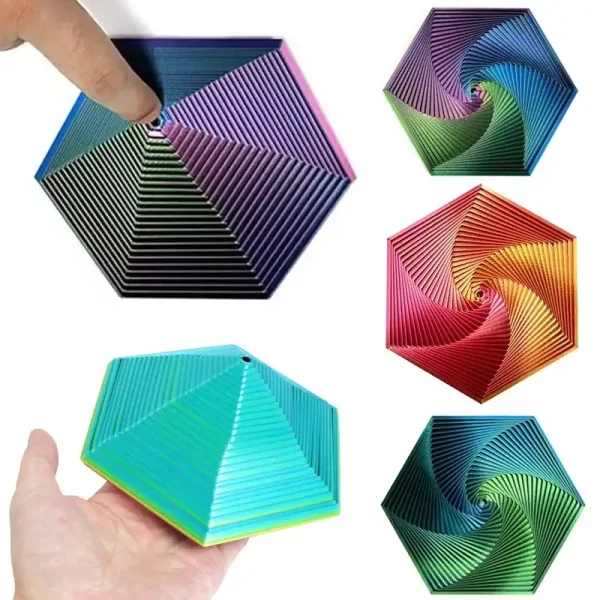 Färgglad spiralformad hexagon i 3D-plast, dekorativt vetenskapligt objekt, med geometriska mönster i klara färger, idealisk för dekoration eller studier av former.
