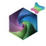 Pyramid i återvunnen plast med färgglad spiral mönster, blandning av gröna, blå, lila och rosa färger, modern geometrisk design.