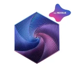Metalldekoration i hexagonal spiralform med färgövergång av röd och blå, idealisk för vetenskaplig eller modern dekoration.
