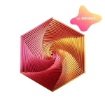 Spiralmodell i hexagonalt röd-guld silkespapper, som illustrerar ett unikt vetenskapligt dekorativt objekt.