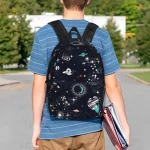 Ryggsäck med rymdtema med mönster av planeter, stjärnor och galaxer, perfekt för astronomi- och vetenskapsentusiaster.