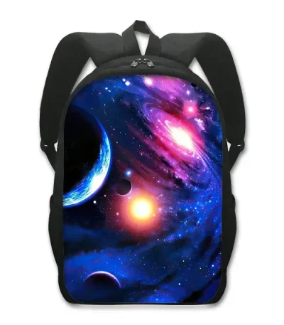 Skolryggsäck med galaxmönster som representerar planeter och stjärnor i rymden, perfekt för studenter som är passionerade om astronomi och vetenskap.