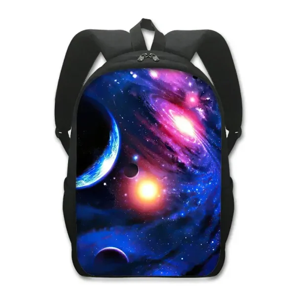 Skolryggsäck med galaxmönster som representerar planeter och stjärnor i rymden, perfekt för studenter som är passionerade om astronomi och vetenskap.