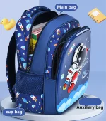 Barnryggsäck med rymdmotiv, inklusive ett stort huvudfack, en mugghållare och en sidoficka, perfekt för skolan eller aktiviteter.