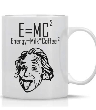 Keramisk mugg med illustration av Einstein och den berömda formeln E=MC², humoristisk och vetenskaplig, idealisk för vetenskaps- och fysikälskare.