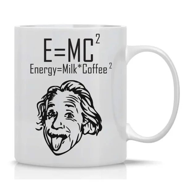 Keramisk mugg med illustration av Einstein och den berömda formeln E=MC², humoristisk och vetenskaplig, idealisk för vetenskaps- och fysikälskare.