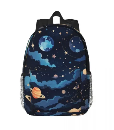 Ryggsäck med rymdmotiv och planeter, perfekt för astronomi- och vetenskapsentusiaster, perfekt för skolan eller utomhusaktiviteter.